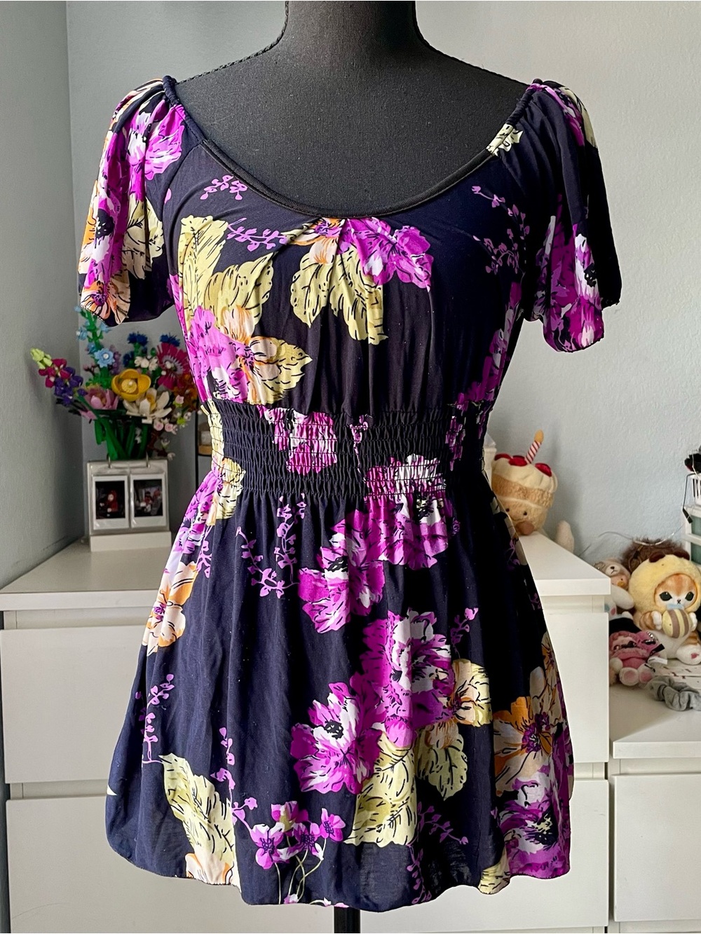 Floral Smocked Waist Flowy Sleeves Women's Blouse Top Size XS Purple Yellow